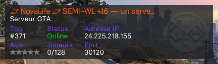 🪐 NovaLife 🪐 SEMI‑WL +16 — un serveur GTA 🎮 (FiveM) Roleplay RP 📝 semi‑whitelist pour joueurs de 16+