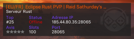 [EU/FR]  Eclipse Rust PVP | Raid Sathurday's | 4 Group - Serveur Rust