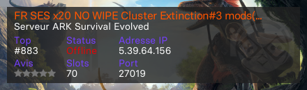 FR SES x20 NO WIPE Cluster Extinction#3 mods(dedié) - Serveur ARK Survival Evolved