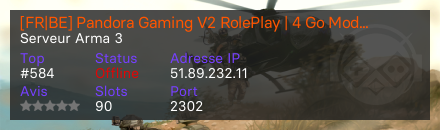 [FR|BE] Pandora Gaming V2 RolePlay | 4 Go Mods RolePlay - Serveur Arma 3