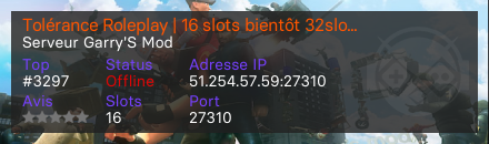 Tolérance Roleplay | 16 slots bientôt 32slots | FreeAccess | Staff Actif | Développement constant