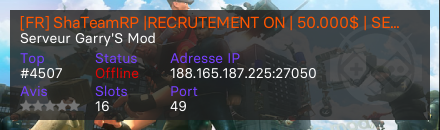 [FR] ShaTeamRP |RECRUTEMENT ON | 50.000$ | SERIOUS-RP | Exclusif | V.I.P | Paintball | Jet-skie - Serveur Garry's mod