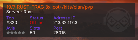 19/7 RUST-FRAG 3x loot+/kits/clan/pvp - Serveur Rust
