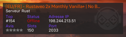 [EU/FR] - Rustaveo 2x Monthly Vanilla+ | No BP Wipes | - Serveur Rust