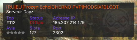 [RU|EU]Frozen Echo|CHERNO PVP|MODS|X10LOOT - Serveur Dayz